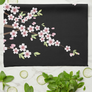 Linge De Cuisine Black avec rose et vert cerisier en fleurs Sakura