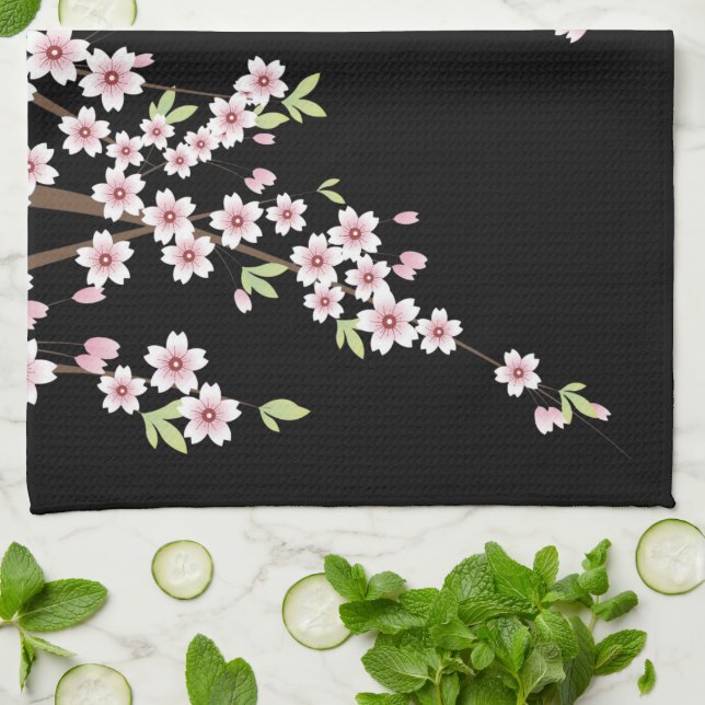 Linge De Cuisine Black avec rose et vert cerisier en fleurs Sakura (Plié)