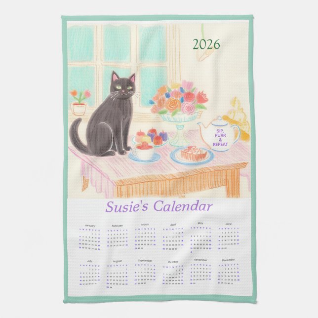 Linge De Cuisine Black Cat & Tea Party Kitchen Towel Calendar (Vertical)