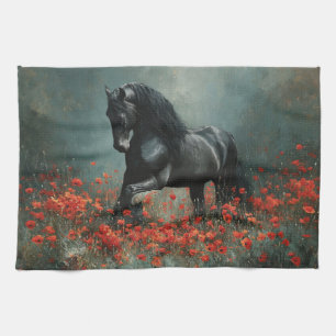 Linge De Cuisine Black Friesian Stallion Red Poppies