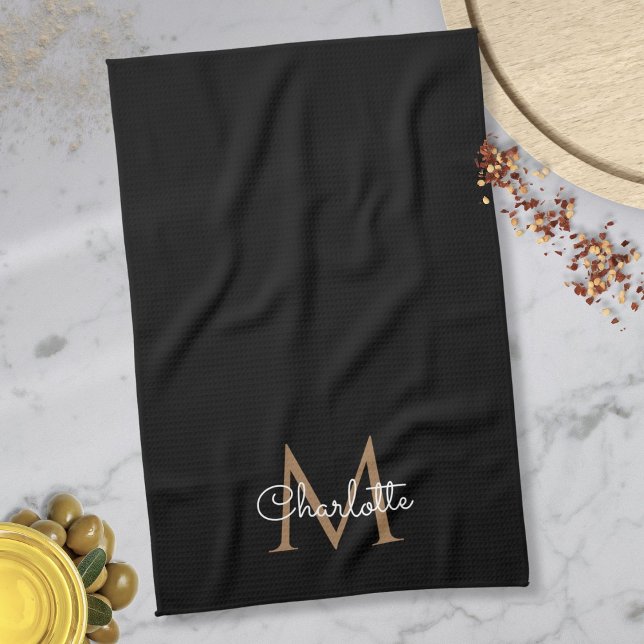 Linge De Cuisine Black Gold Monogram Elegant (Black Gold Monogram Elegant Girly Script Kitchen Towel)