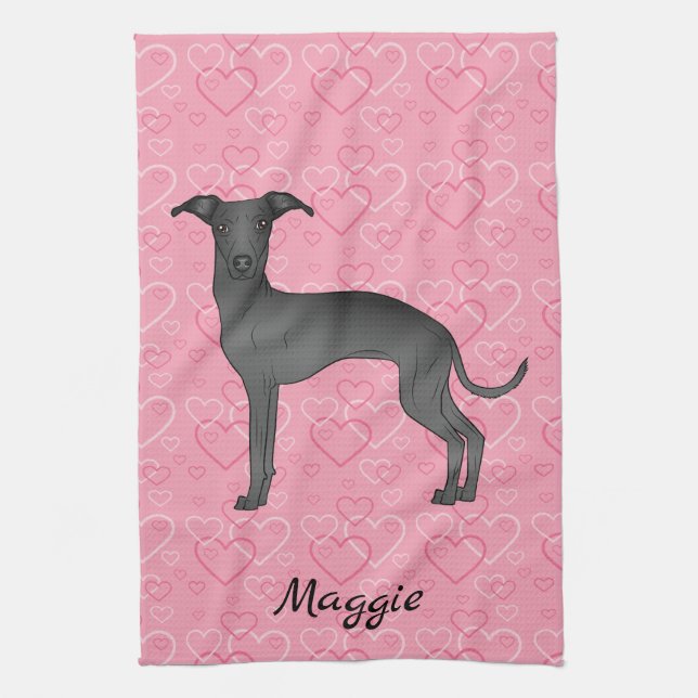 Linge De Cuisine Black Italien Greyhound Cute Dog Sur Coeur Rose (Vertical)