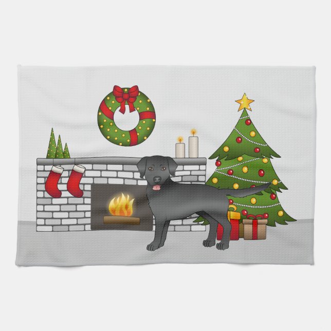 Linge De Cuisine Black Labrador Retriever - Salle de Noël festive (Horizontal)