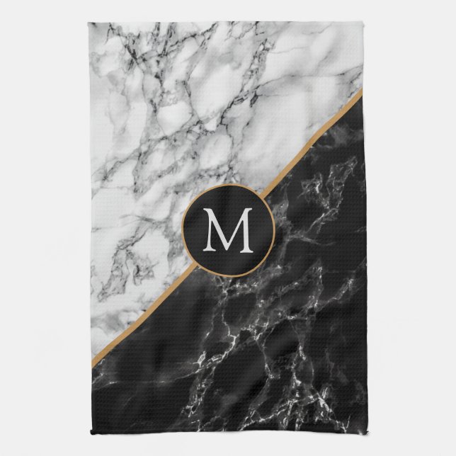 Linge De Cuisine Black & Marbre blanc Stone Ajouter votre lettre (Vertical)
