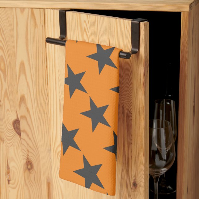 Linge De Cuisine Black Stars sur Citrouille Orange (Pliage en tiers)
