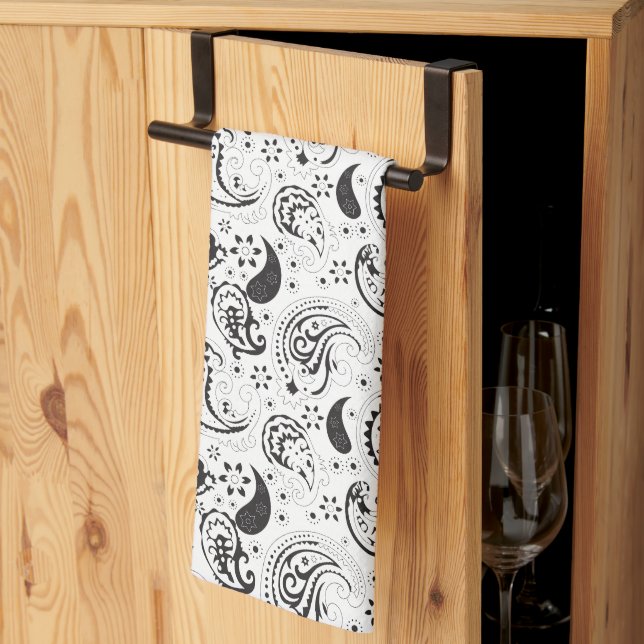 Linge De Cuisine Black & White Paisley Pattern –Elegant Textile Art (Pliage en tiers)