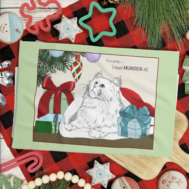 Linge De Cuisine Blanc Chat Noël Ornements drôle (Créateur téléchargé)