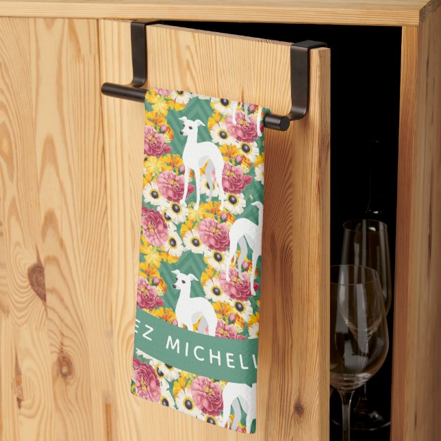 Linge De Cuisine Blanc italien Greyhounds ou Whippets Floral (Pliage en tiers)