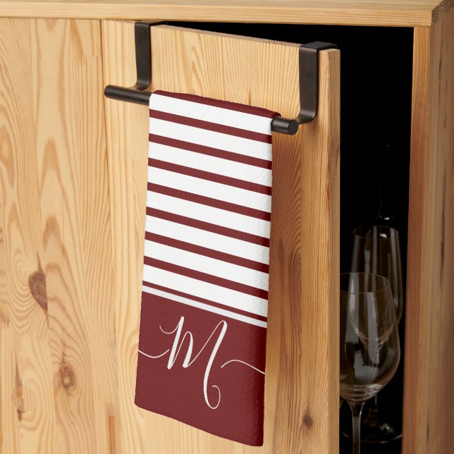 Linge De Cuisine Blanc nautique rayé Monogramme initial Cuisine  (Pliage en tiers)