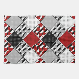 Linge De Cuisine Blanc noir avec patchwork rétro rouge