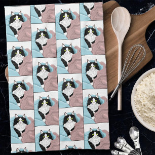 Linge De Cuisine Blanc Noir Tuxedo Couvercles de chat Bleu Pink
