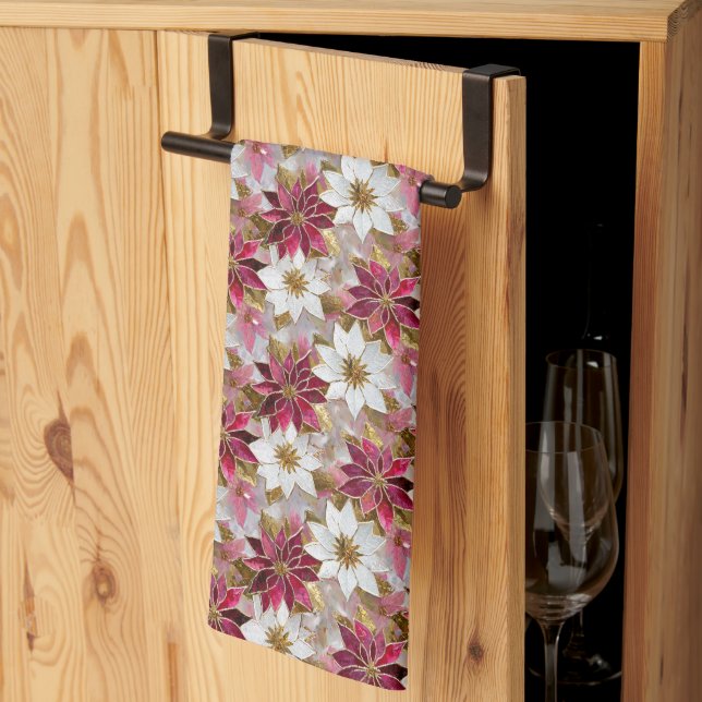 Linge De Cuisine Blanc Or Bourgogne rose Poinsettias de Noël (Pliage en tiers)