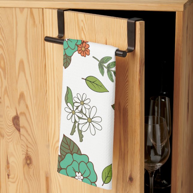 Linge De Cuisine Blanc Rétro et Floral Vert (Pliage en tiers)