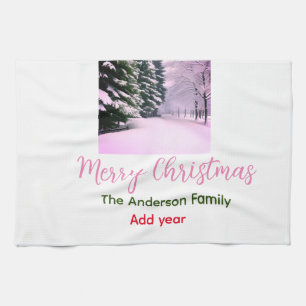 Linge De Cuisine Blanc rose neige joyeux Noël ajouter nom de famill
