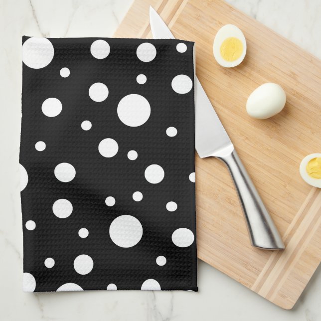 Linge De Cuisine Blanc sur le Motif de points Polka Noir (Quart Plié)