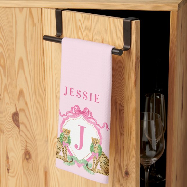 Linge De Cuisine Blason de Noël Léopard Monogramme avec nom (Pliage en tiers)
