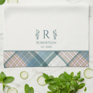 Linge De Cuisine Bleu Beige Plaid Nom personnalisé Monogramme