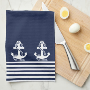 Linge De Cuisine Bleu blanc de la marine et Ancre blanche