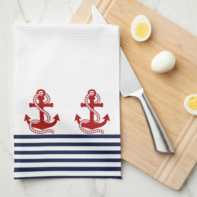 Linge De Cuisine Bleu blanc de la marine et Ancre rouge (Quart Plié)