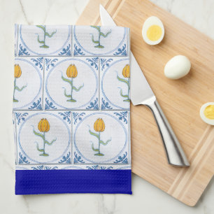 Linge De Cuisine Bleu Blanc Delft Tulipe Carreaux Motif Bordure Ble