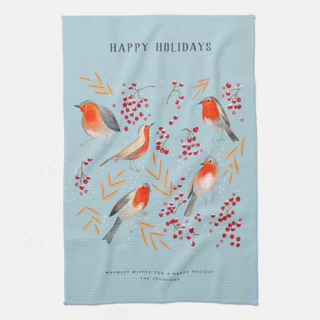 Linge De Cuisine Bleu botanique rouge Oiseaux Rouge-gorge Noël Vaca (Vertical)