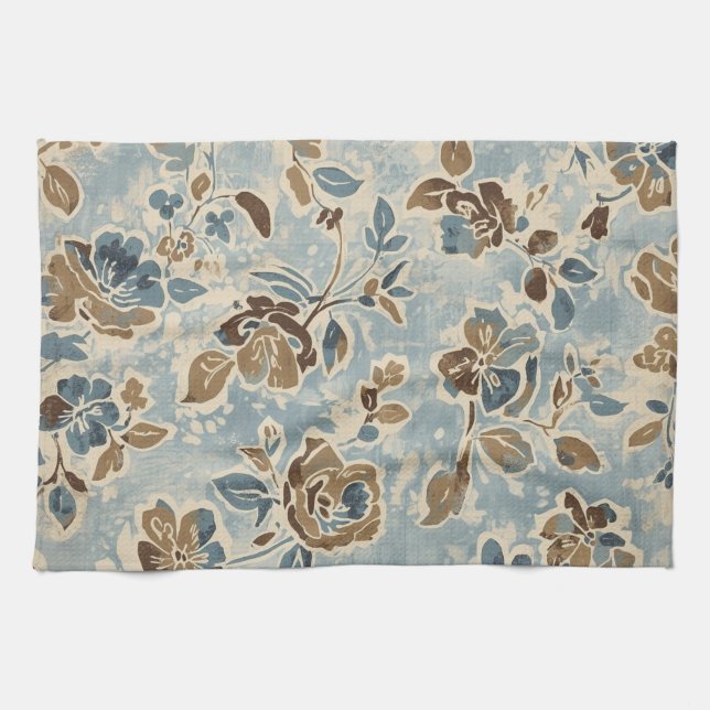 Linge De Cuisine Bleu Brun Marron Floral Rustique (Horizontal)