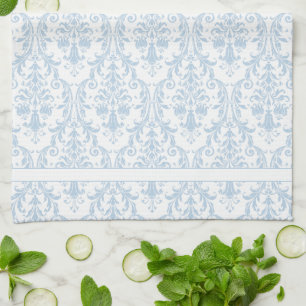 Linge De Cuisine Bleu clair Flore Blanche Flamme Damas 2 Monogramme