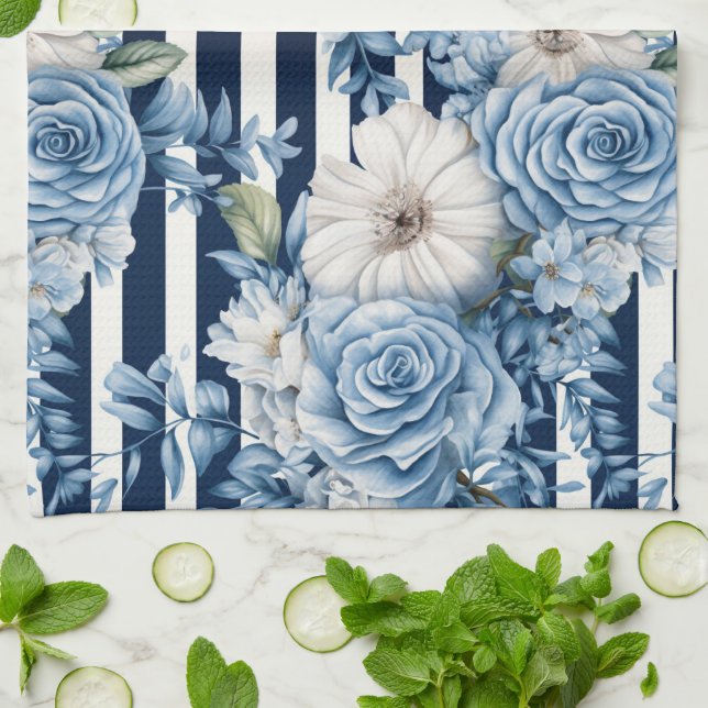 Linge De Cuisine Bleu de la marine rayures florales (Plié)