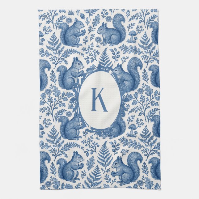 Linge De Cuisine Bleu de monogramme Chinoiserie Écureuil Forêt (Vertical)