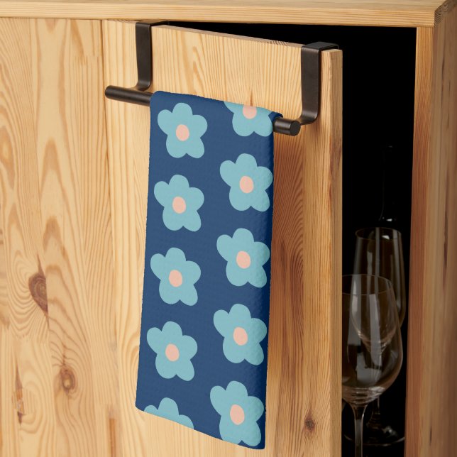 Linge De Cuisine Bleu doux fleuris sur la marine (Pliage en tiers)