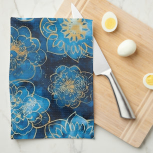 Linge De Cuisine Bleu élégant et or floral - Botanique élégant