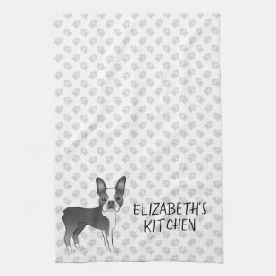 Linge De Cuisine Bleu Et Blanc Boston Terrier Dessin Chien Et Texte