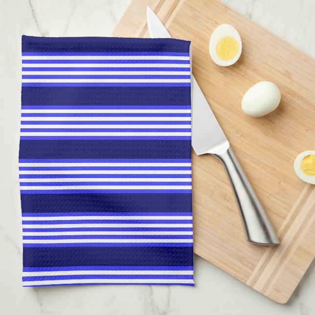 Linge De Cuisine Bleu et blanc cinq bandes motif (Quart Plié)
