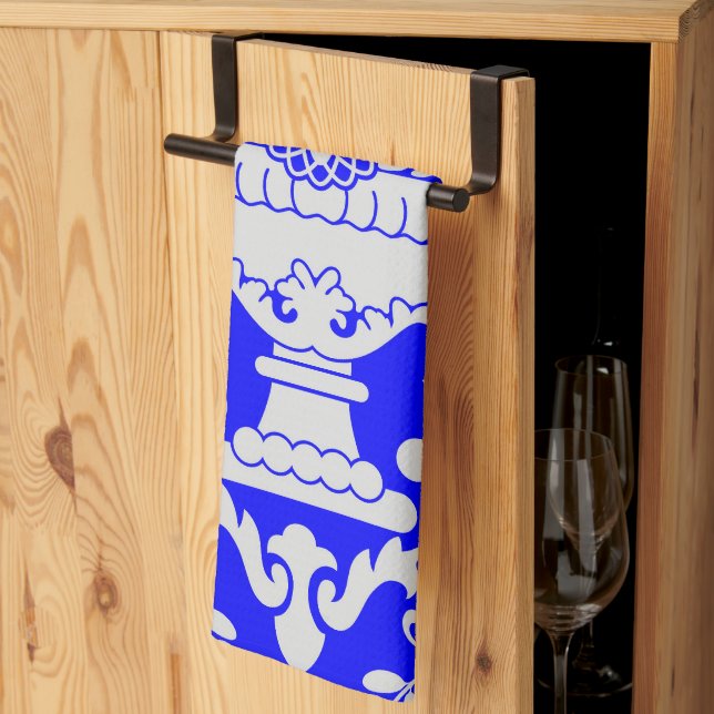 Linge De Cuisine Bleu et blanc Damas motif floral élégant (Pliage en tiers)