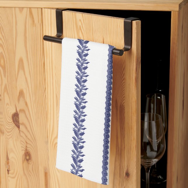 Linge De Cuisine Bleu et Blanc Rayures Botaniques Côtières (Pliage en tiers)