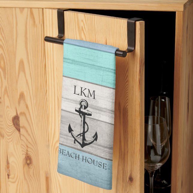Linge De Cuisine Bleu et Tons Tannés Bois Nautical - Monogramme (Pliage en tiers)