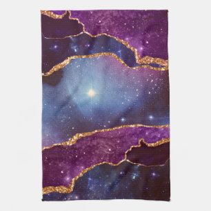 Linge De Cuisine Bleu et violet, espace et étoiles avec ruban doré