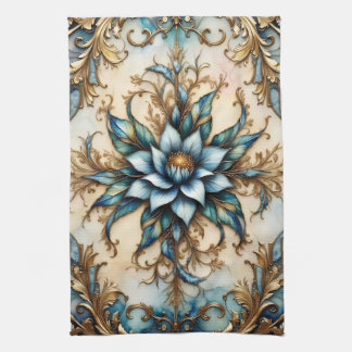 Linge De Cuisine Bleu floral coloré et feuilles dorées