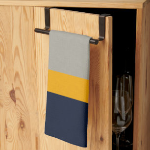Linge De Cuisine Bleu foncé, Jaune, Gris rayé Texturé 