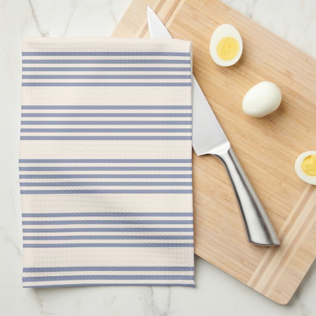 Linge De Cuisine Bleu gris et beige cinq rayures motif (Quart Plié)