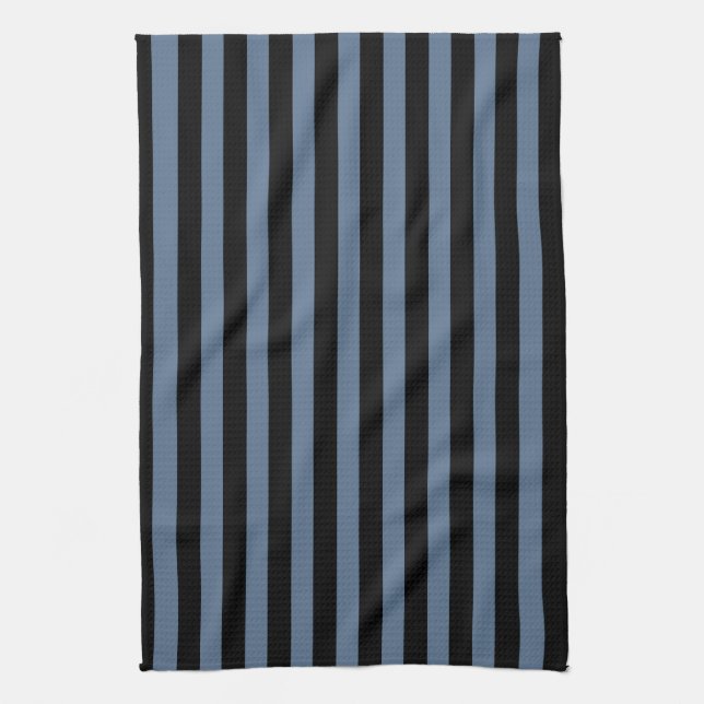 Linge De Cuisine Bleu gris et noir rayures (Vertical)