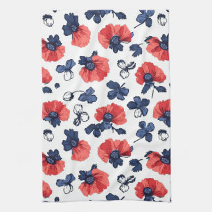 Linge De Cuisine Bleu marine & Coquelicot Floral Vintage