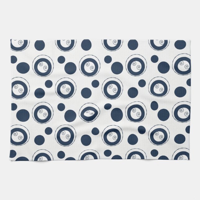 Linge De Cuisine Bleu marine et pois argenté de cercles (Horizontal)