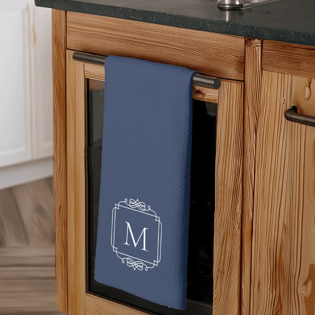Linge De Cuisine Bleu Marine | Monogramme de cadre classique (Créateur téléchargé)