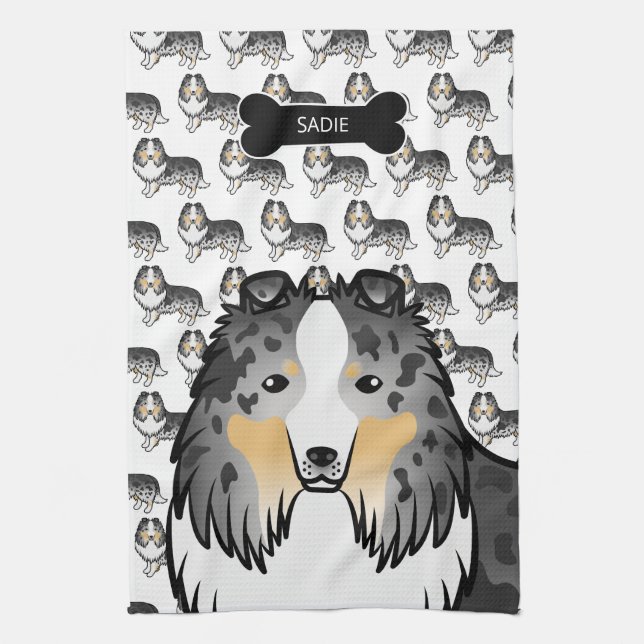 Linge De Cuisine Bleu Merle Cartoon Shelter Avec Os de Chien & Nom (Vertical)