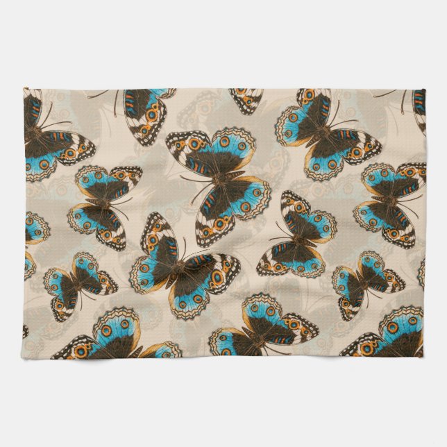 Linge De Cuisine Bleu motif papillon Pansy sur blanc (Horizontal)