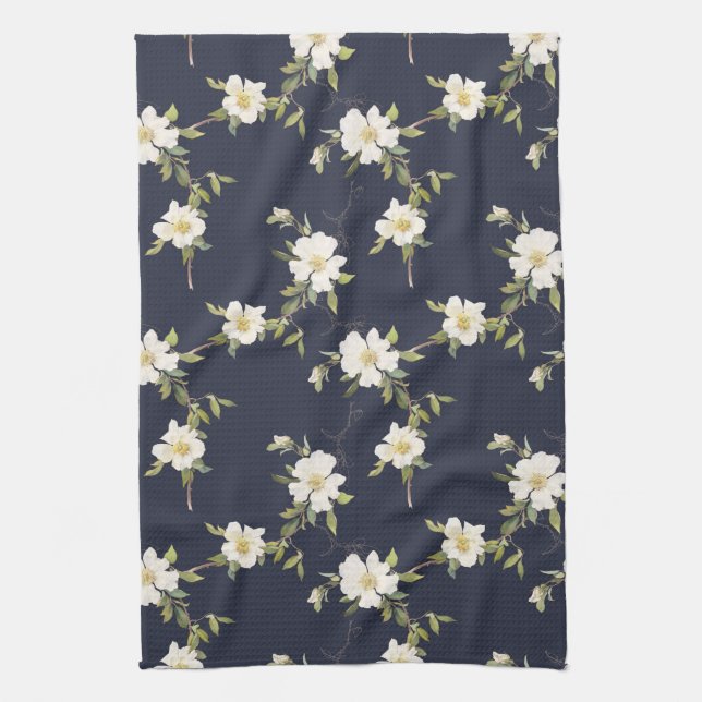 Linge De Cuisine Bleu Nuit Blanc Floral (Vertical)