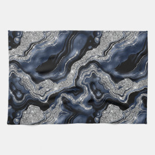 Linge De Cuisine Bleu Nuit Élégant et Motif Agate Pailleté Argent