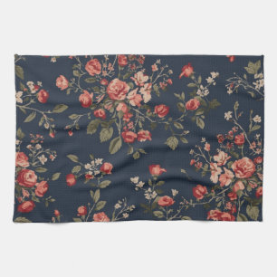 Linge De Cuisine Bleu Nuit Foncé Rouge Sauge Floral Cottage