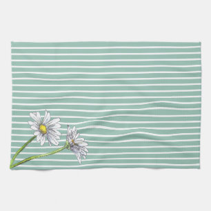 Linge De Cuisine Bleu Œuf de Canard Rayé Floral Aquarelle Marguerit